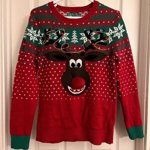 Ugly Christmas Sweater (17” across) - Red with Reindeer Design and Candy Poop!